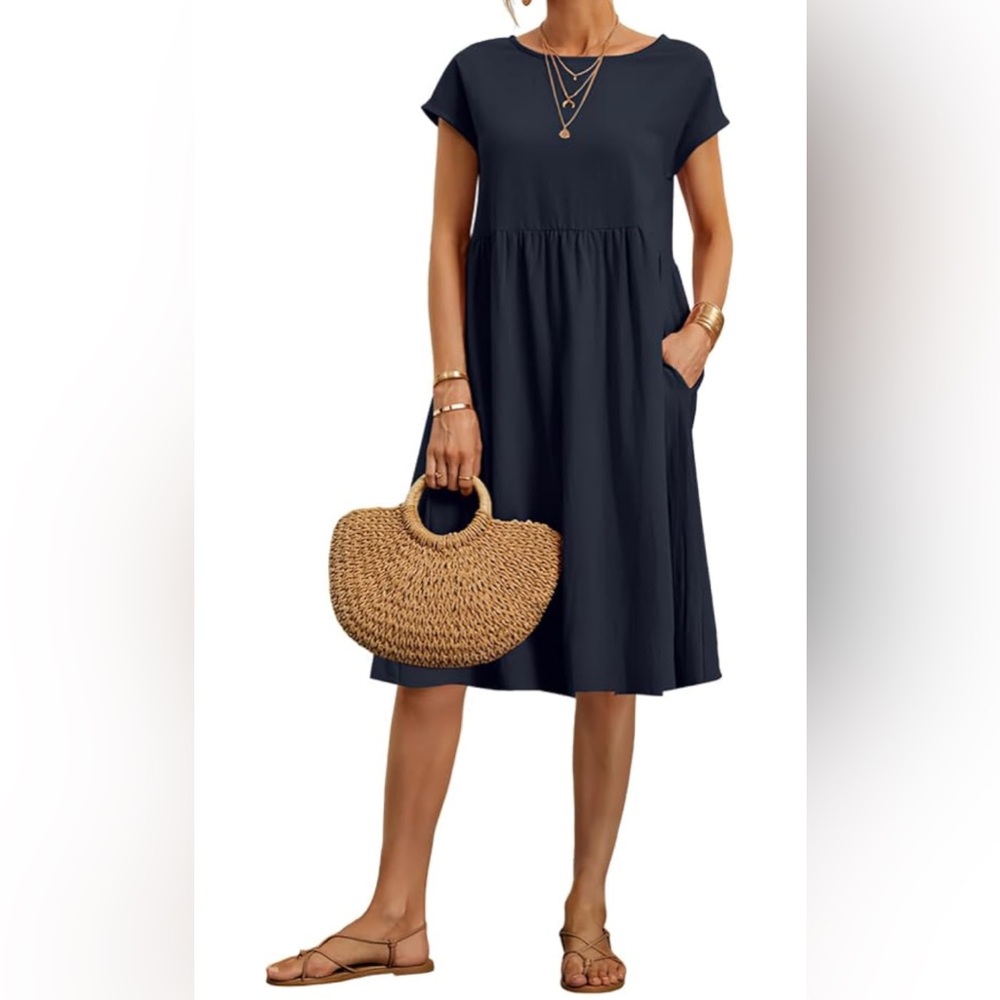 Navy Casual Midi Sundress with Crew Neck, Large